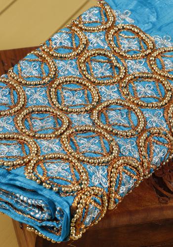 Embroidered Unstitched Blouse Material with Golden Zari Work  -  Blue
