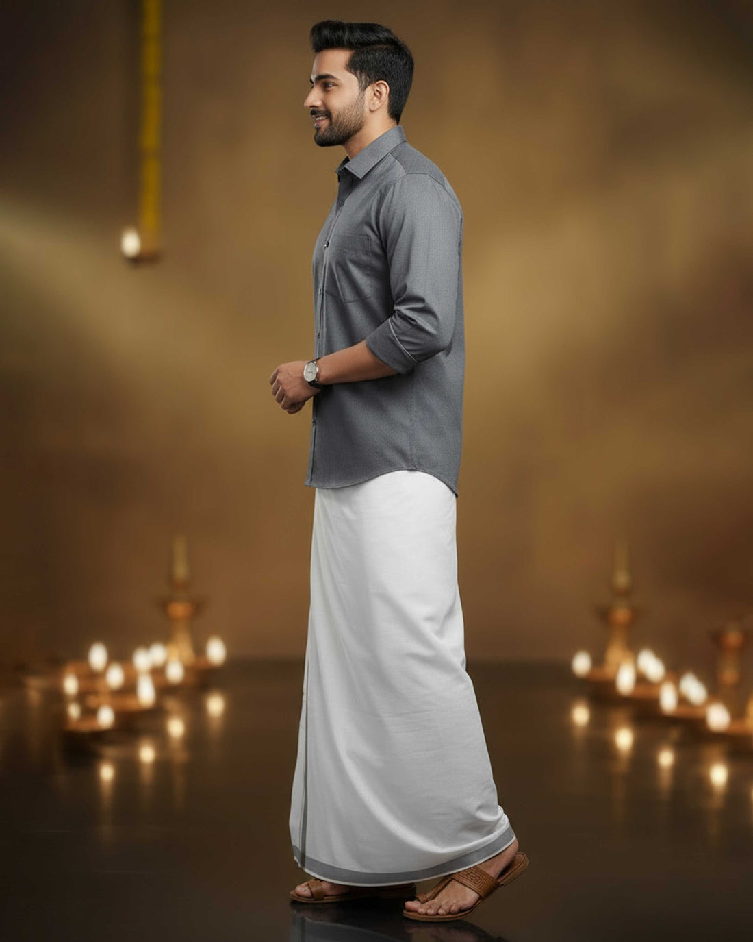 Elegant Men's Ethnic Full Sleeve Shirt & Dhoti Set with Traditional Border - Grey