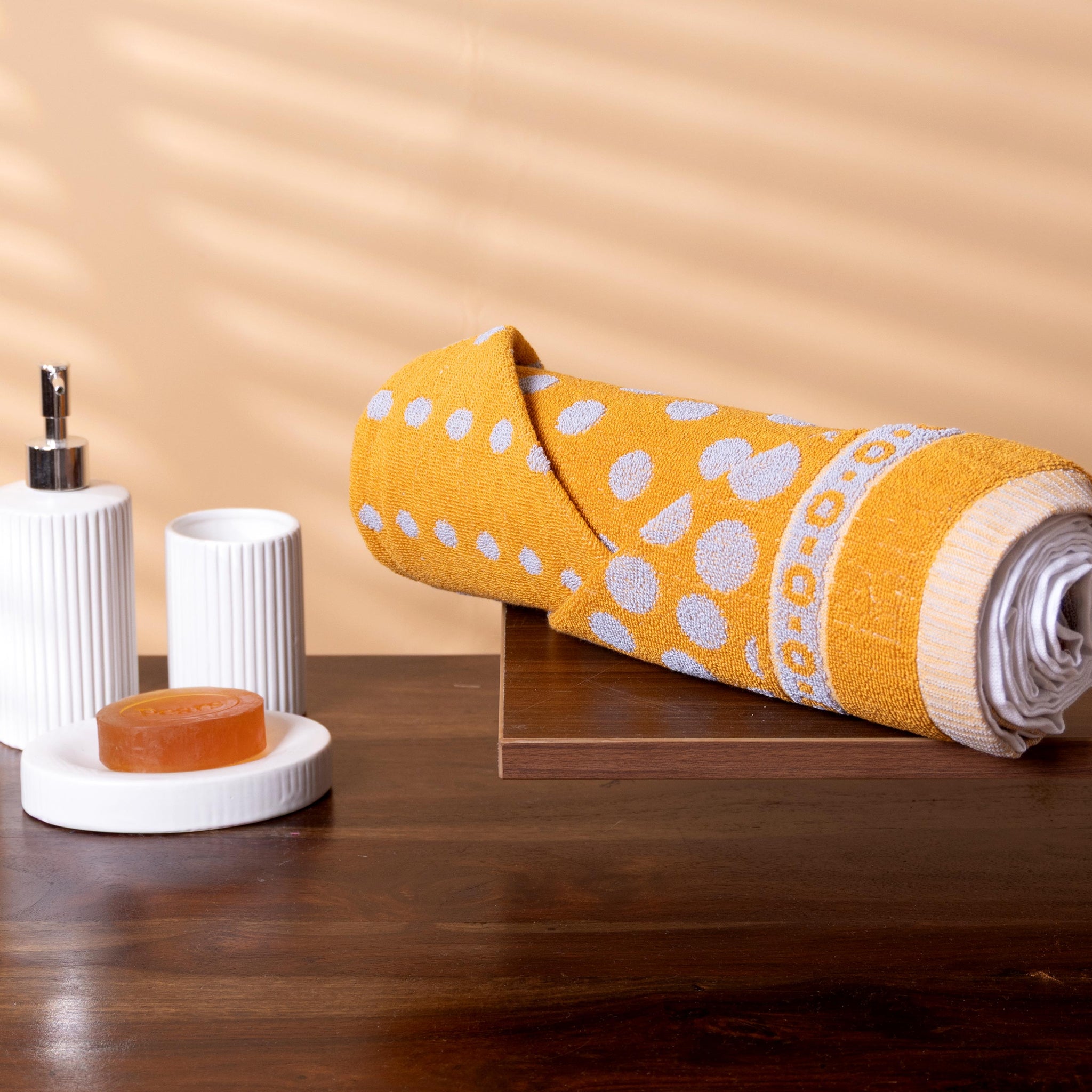 Soft Absorbent Towel with All-Over Dot and Floral Border Design - Yellow