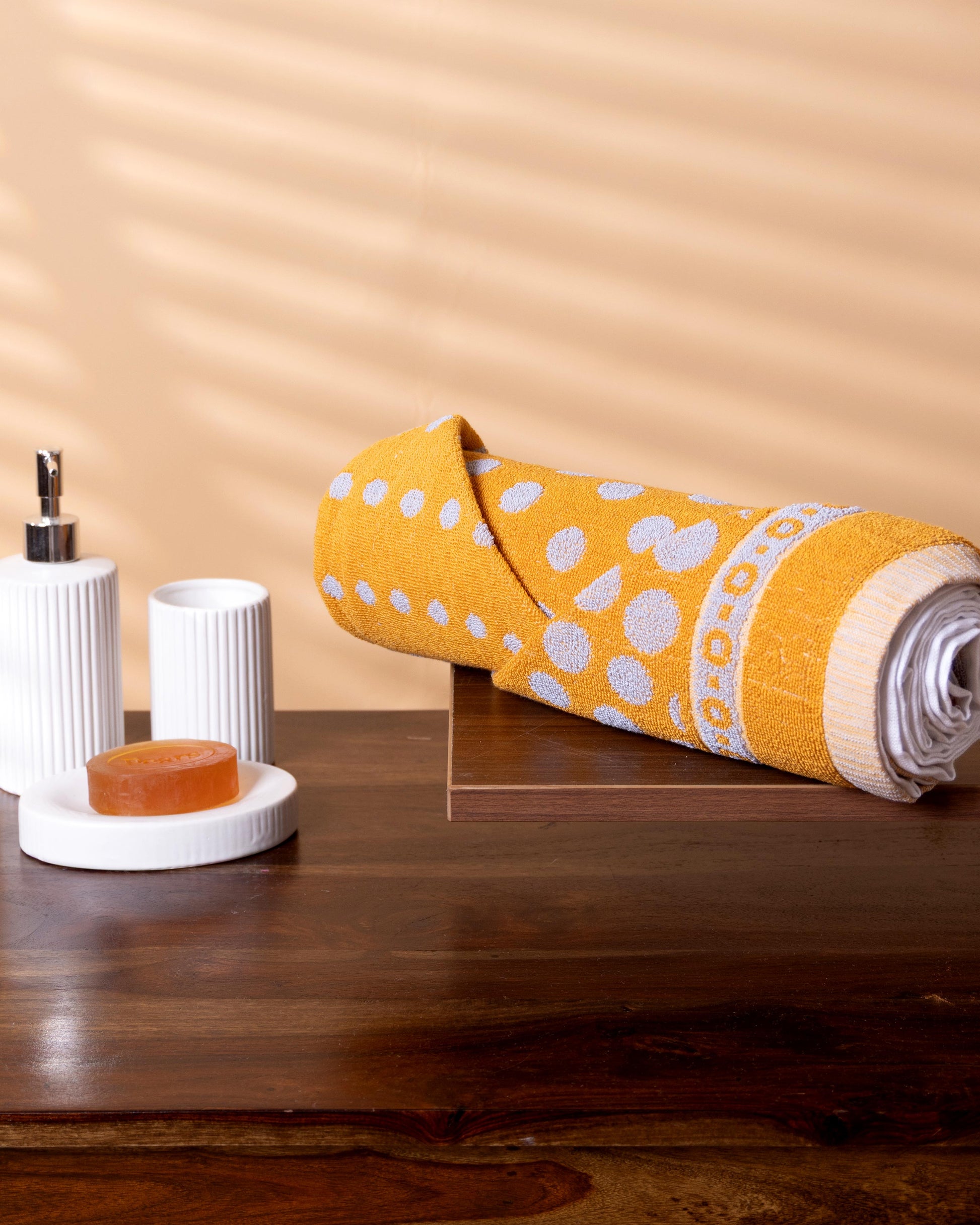 Soft Absorbent Towel with All-Over Dot and Floral Border Design - Yellow
