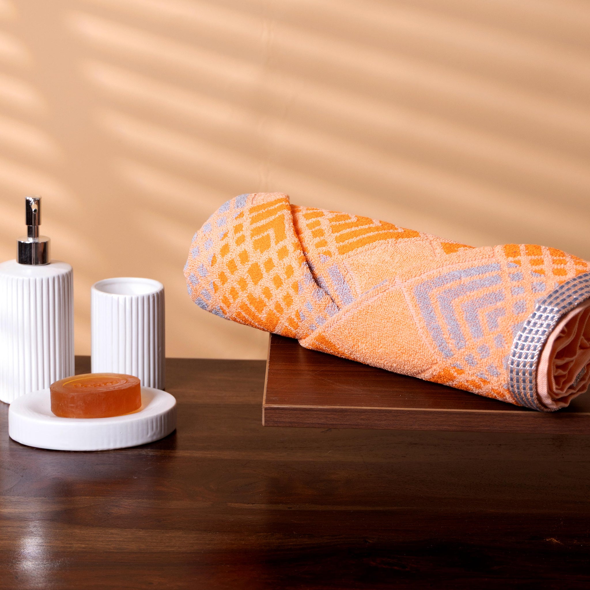 Soft Cotton Bath Towel with Ethnic Diamond & Chevron Woven Design - Orange