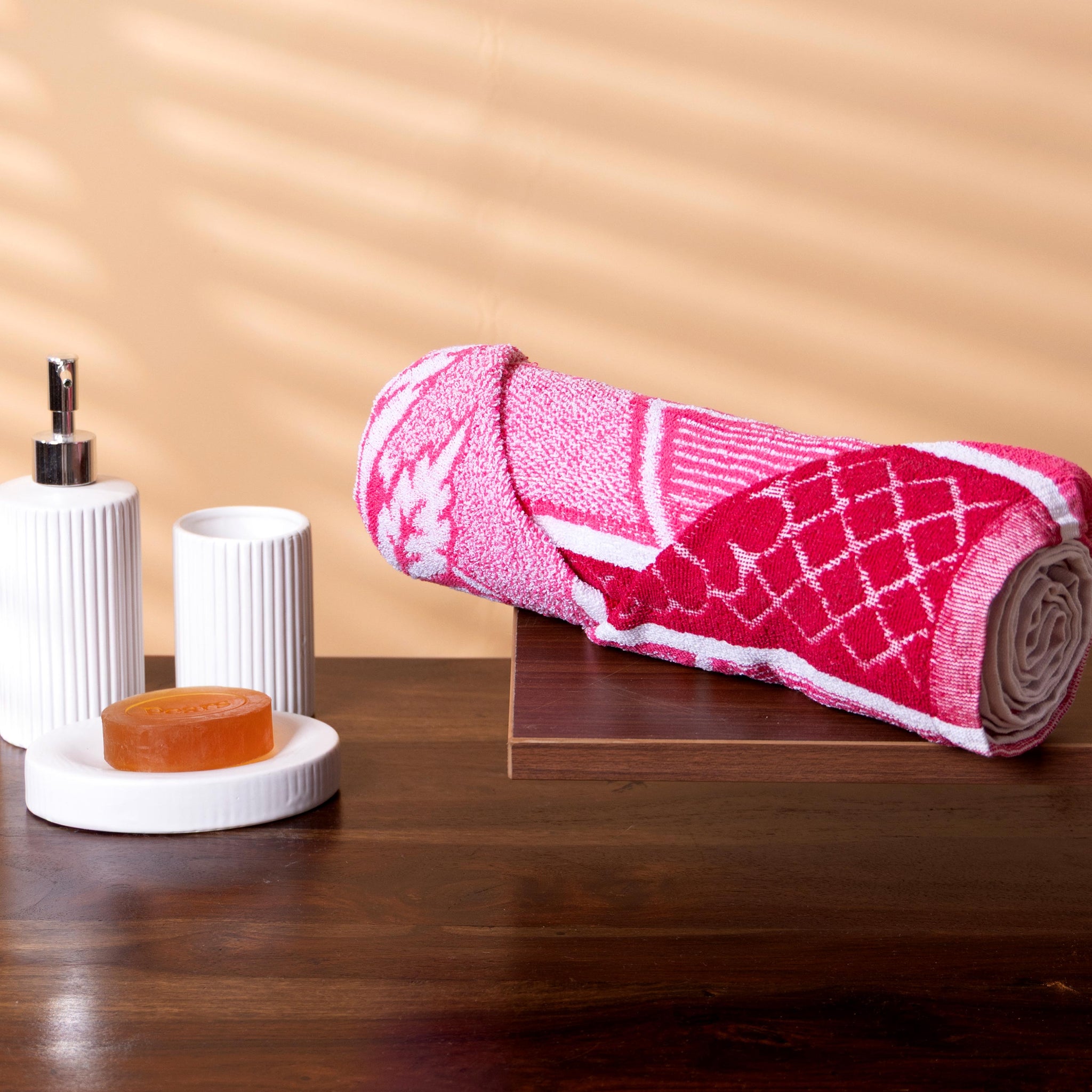 Soft Cotton Bath Towel with Floral & Diamond Woven Design - Pink & Red