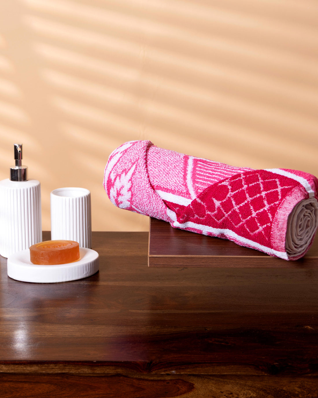 Soft Cotton Bath Towel with Floral & Diamond Woven Design - Pink & Red