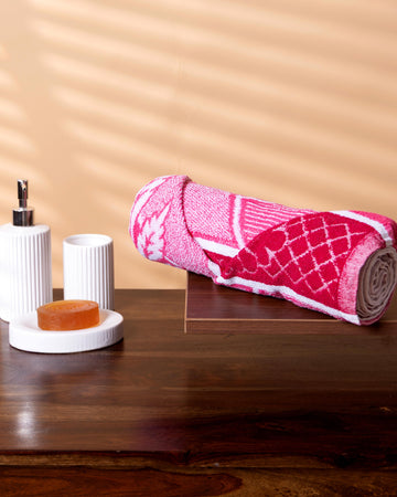Soft Cotton Bath Towel with Floral & Diamond Woven Design - Pink & Red