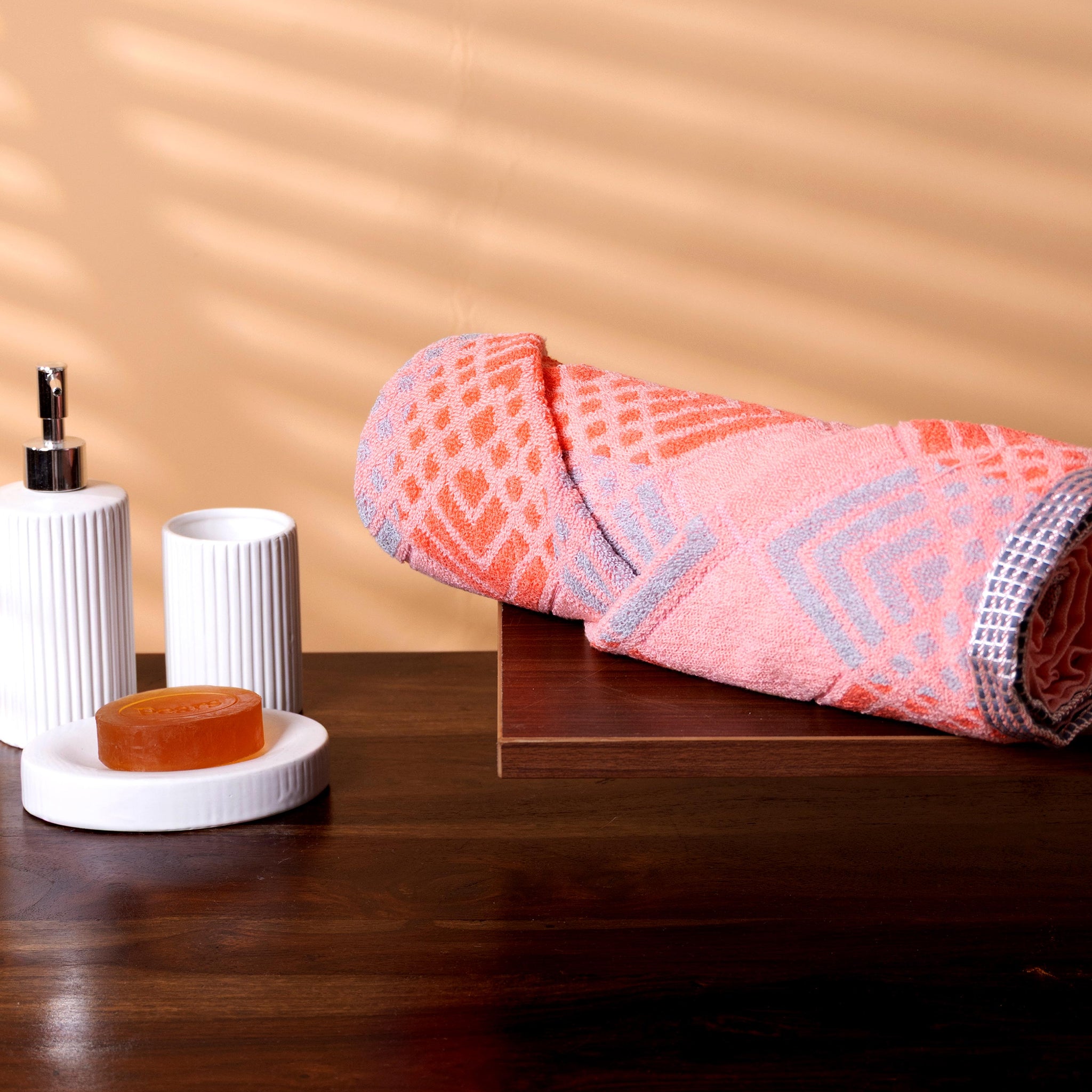 Soft Cotton Bath Towel with Geometric Chevron & Diamond Woven Pattern - Peach