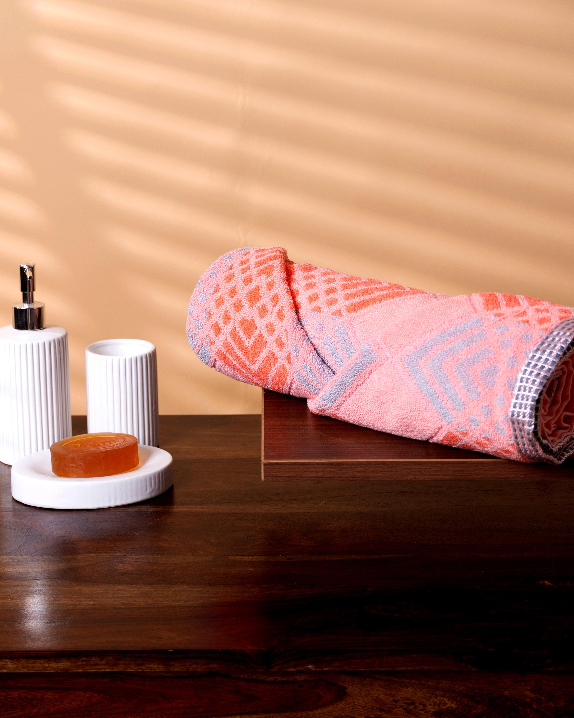 Soft Cotton Bath Towel with Geometric Chevron & Diamond Woven Pattern - Peach
