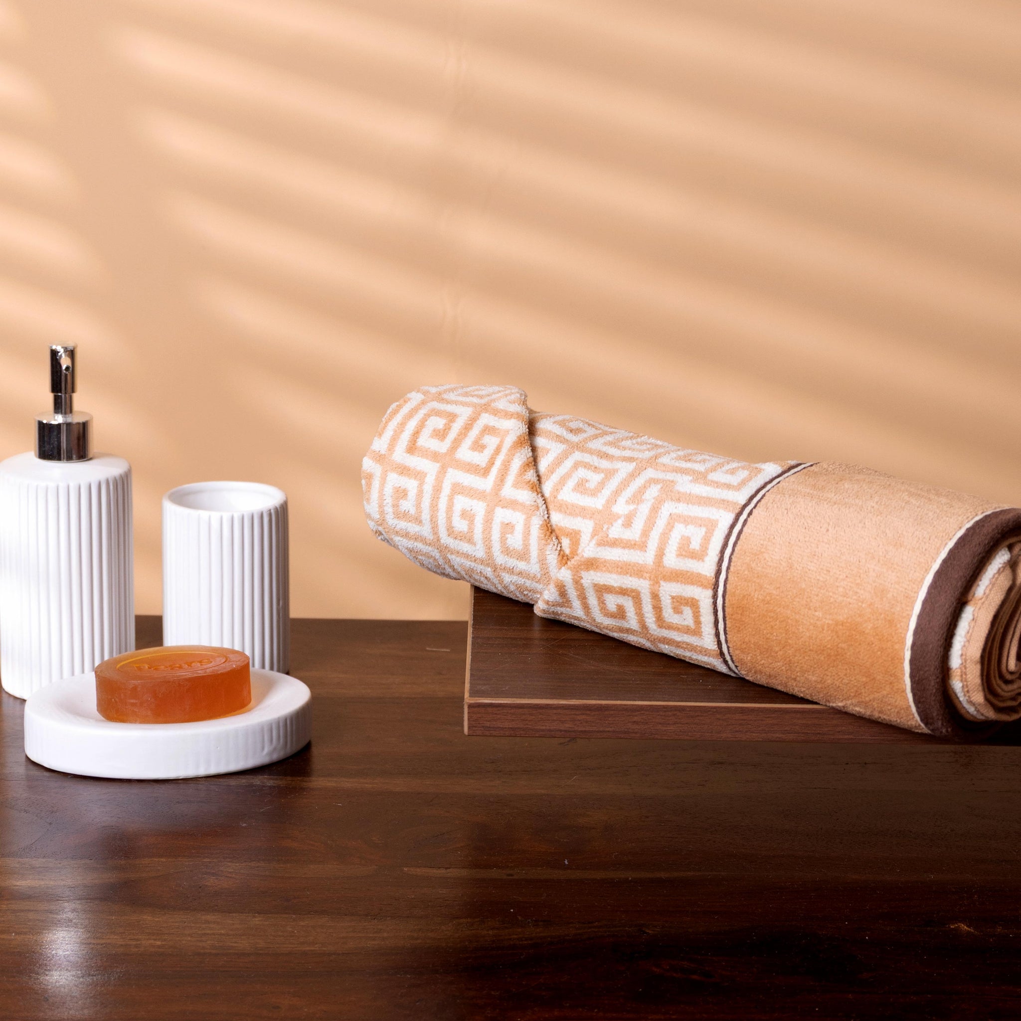 Soft Geometric Greek Key Pattern Towel - Off White