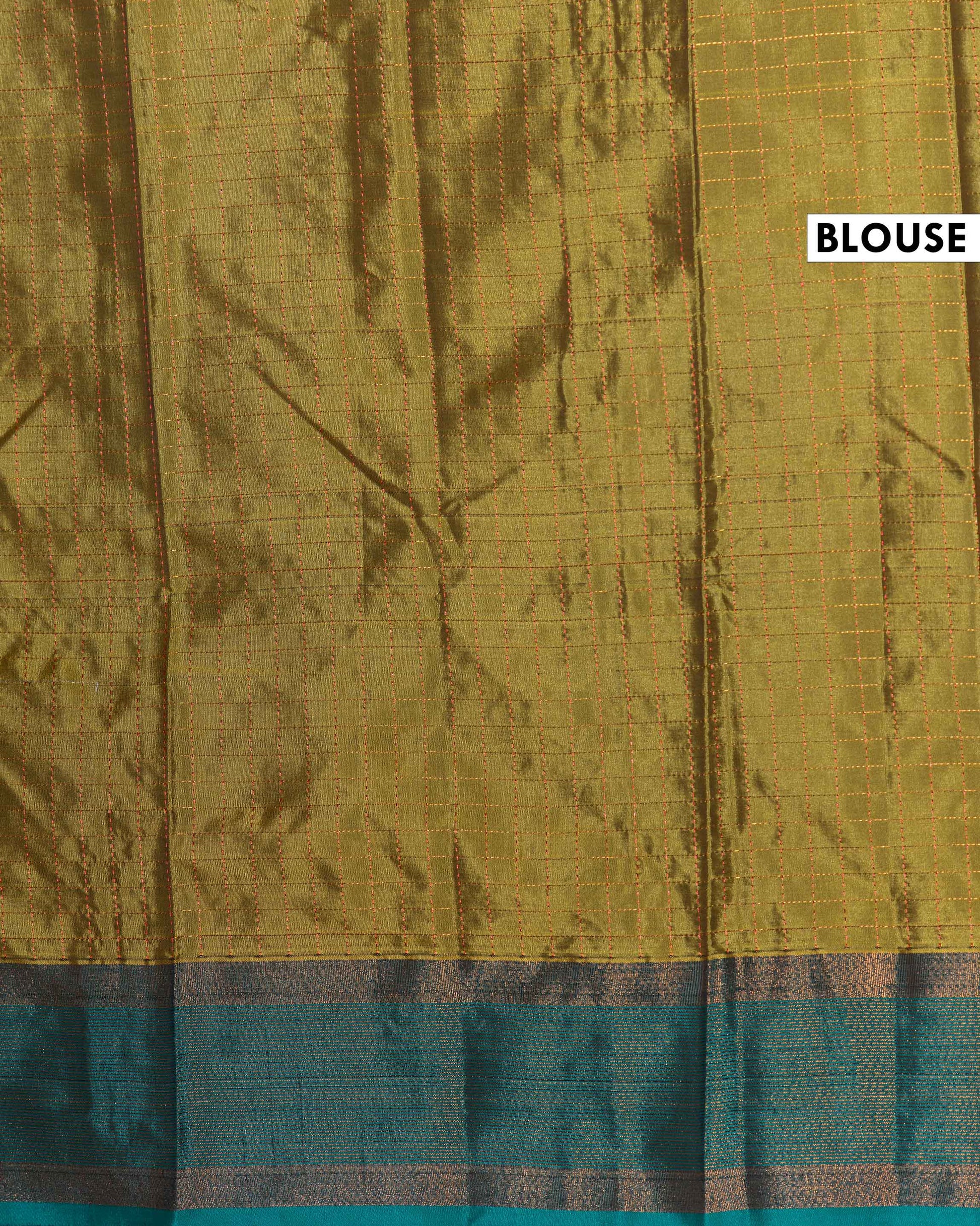 Soft Silk Saree with Subtle Checkered Weave and Rich Contrast Zari Border - Olive Green
