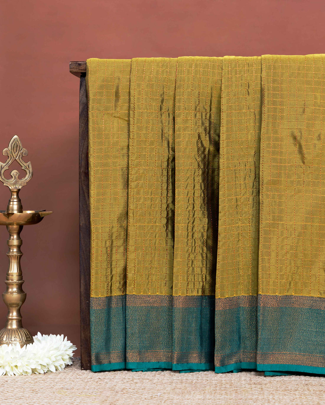 Soft Silk Saree with Subtle Checkered Weave and Rich Contrast Zari Border - Olive Green