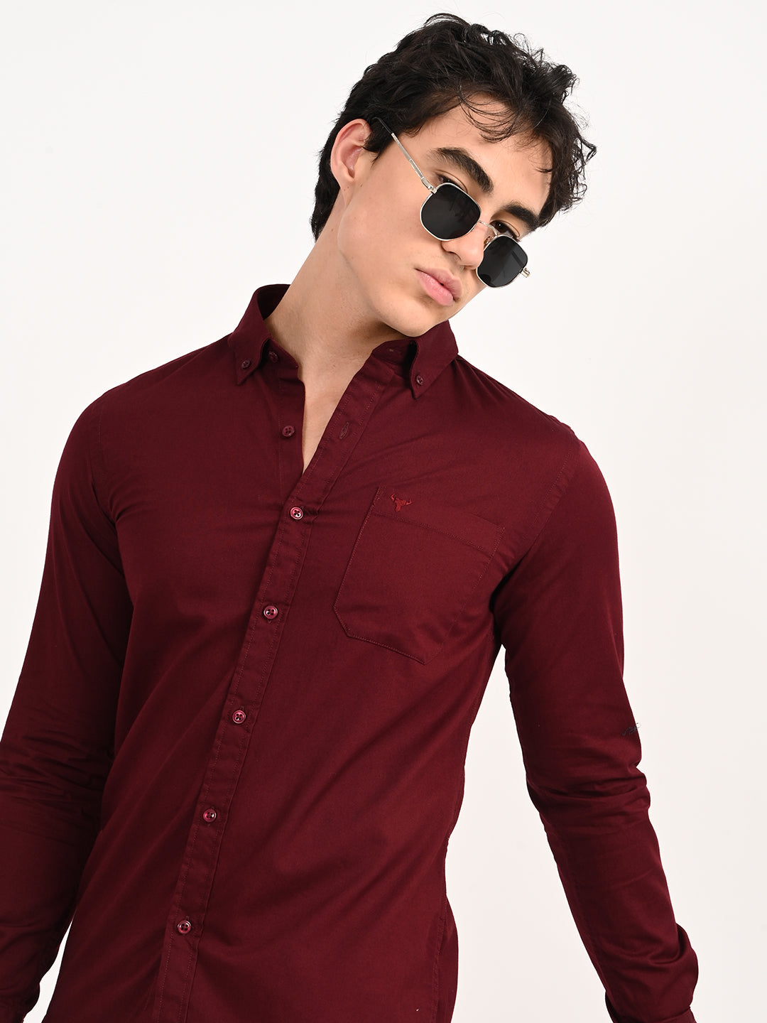 Men’s Native Bull Solid Casual Shirt with Full Sleeves and Chest Pocket - Maroon