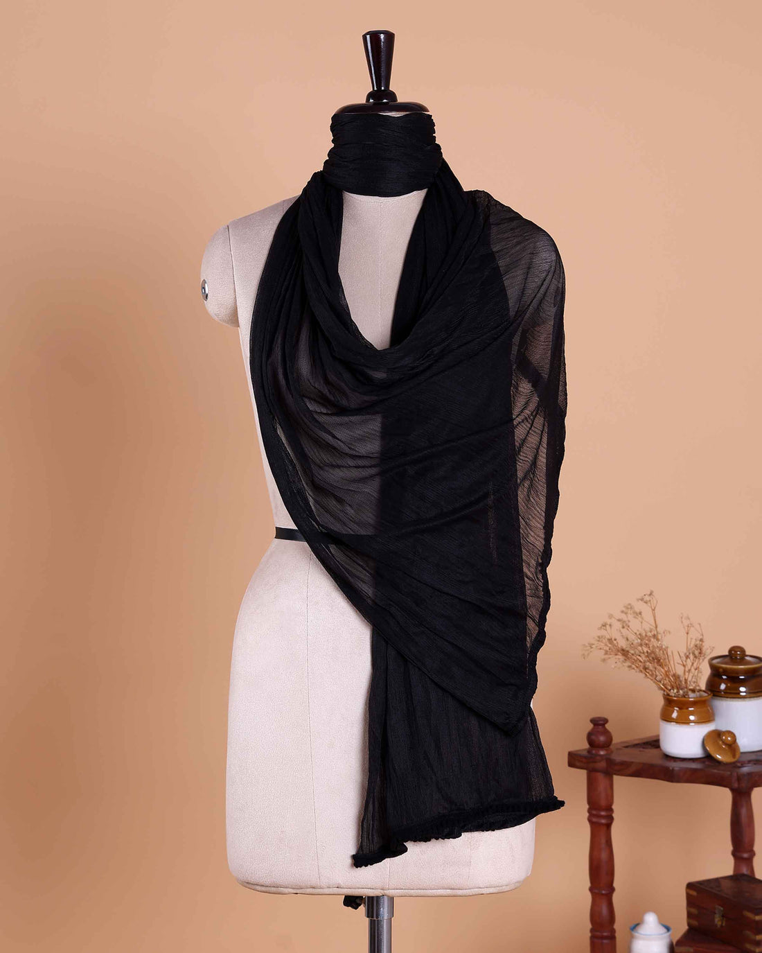 Elegant Solid Women’s Dupatta with Soft Crinkled Texture Lightweight Sheer and Finished Edges - Black