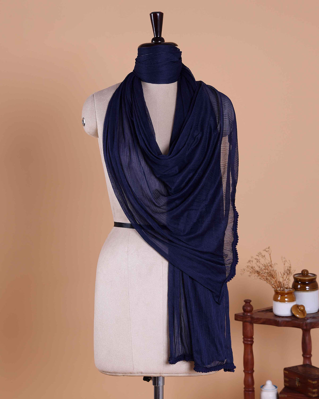 Elegant Solid Women’s Dupatta with Soft Crinkled Texture Lightweight Sheer and Finished Edges - Navy Blue