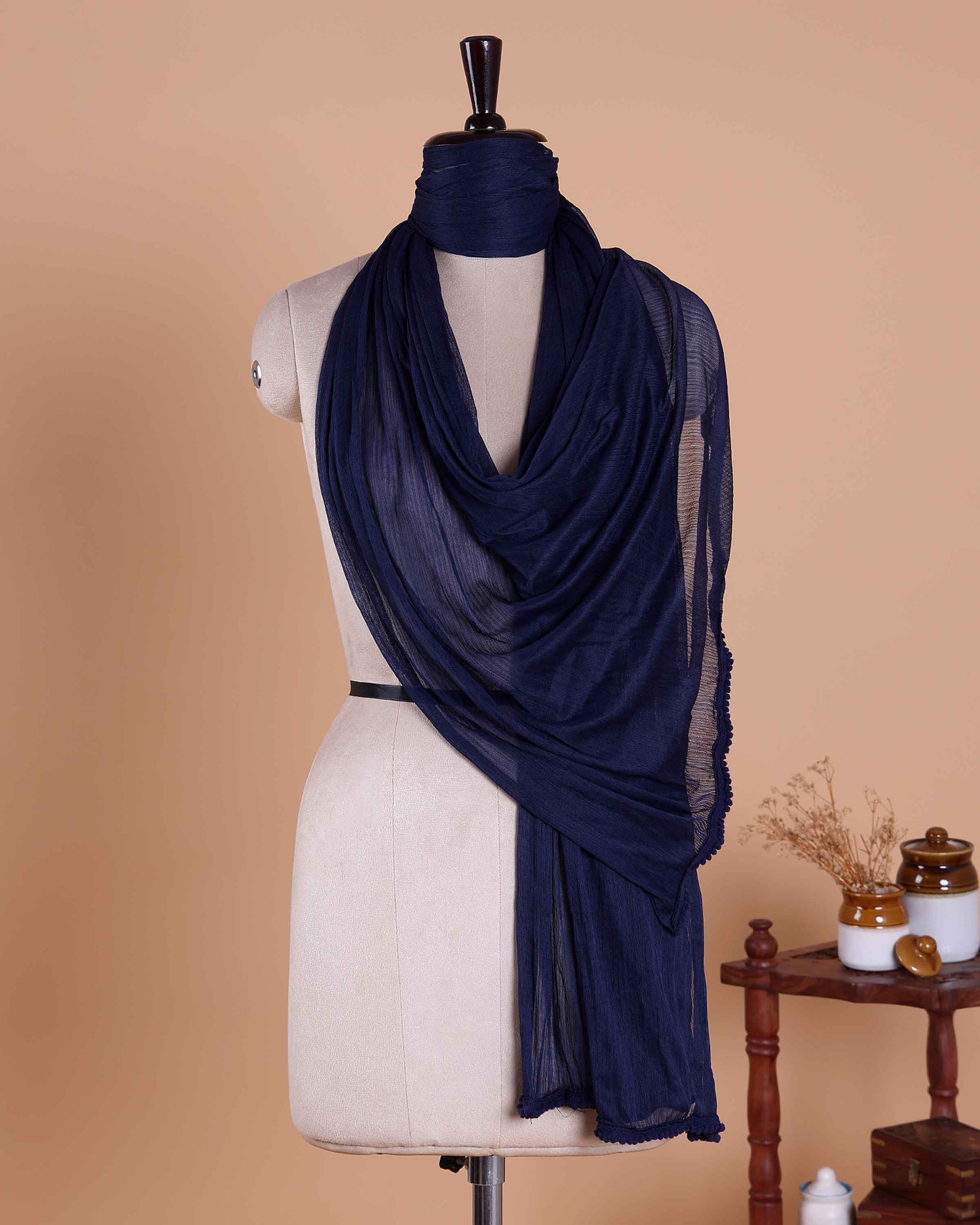 Elegant Solid Women’s Dupatta with Soft Crinkled Texture Lightweight Sheer and Finished Edges, Navy Blue