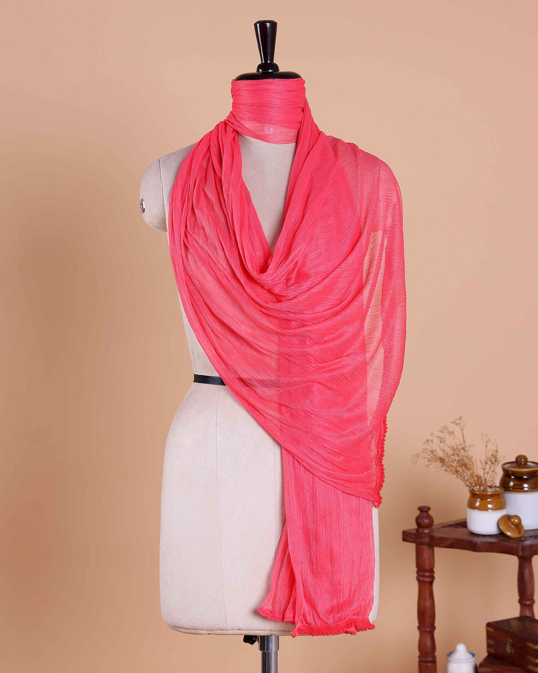Elegant Solid Women’s Dupatta with Soft Crinkled Texture Lightweight Sheer and Finished Edges - Pink