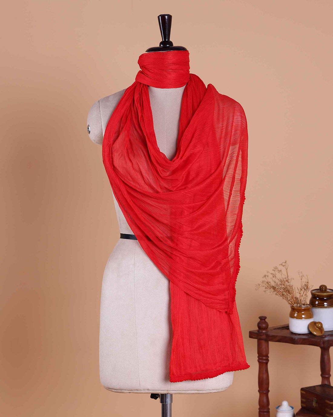 Elegant Solid Women’s Dupatta with Soft Crinkled Texture Lightweight Sheer and Finished Edges - Red