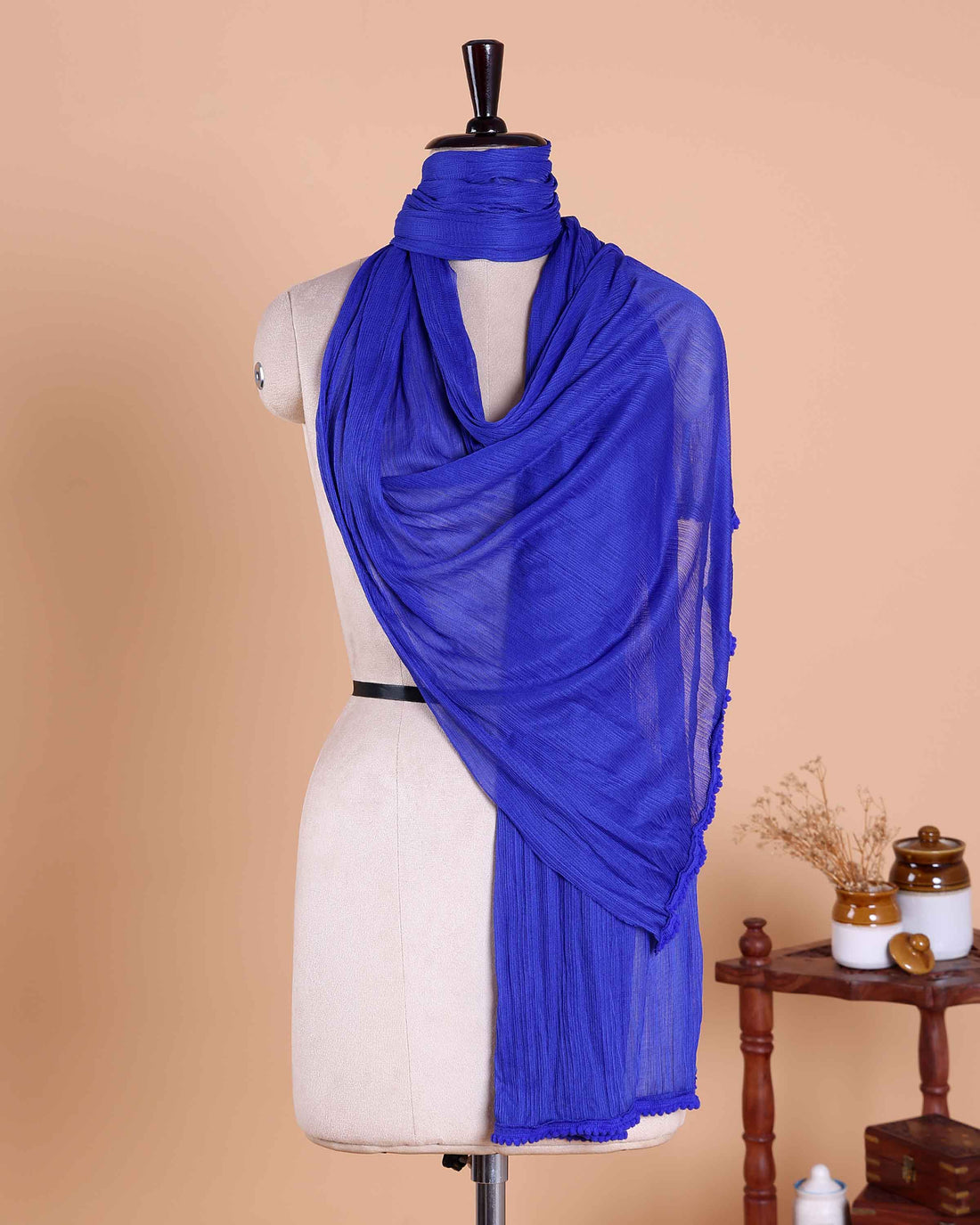 Elegant Solid Women’s Dupatta with Soft Crinkled Texture Lightweight Sheer and Finished Edges - Royal Blue