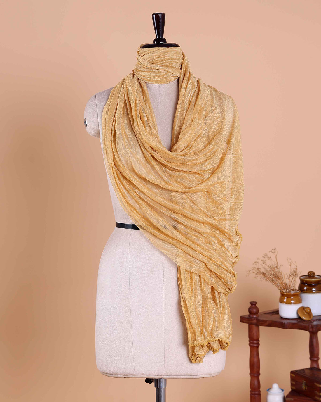 Elegant Solid Women’s Dupatta with Soft Crinkled Texture Lightweight Sheer and Finished Edges - Sandal