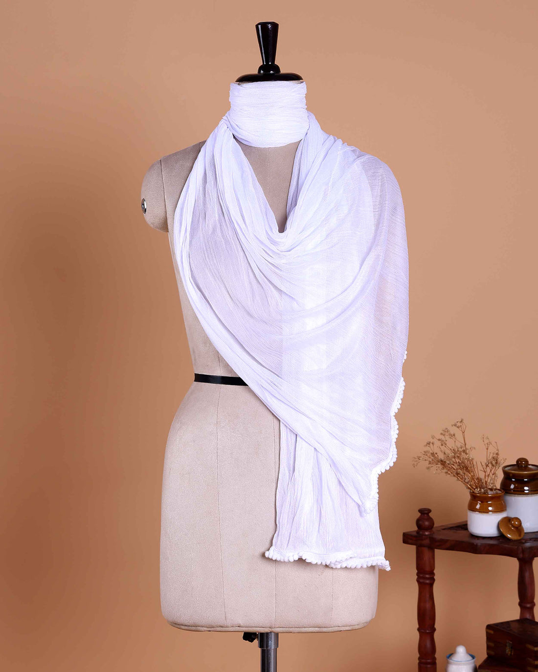 Elegant Solid Women’s Dupatta with Soft Crinkled Texture Lightweight Sheer and Finished Edges - White