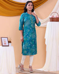 Women's Floral Printed Straight Kurta with 3/4th  Sleeves - Blue