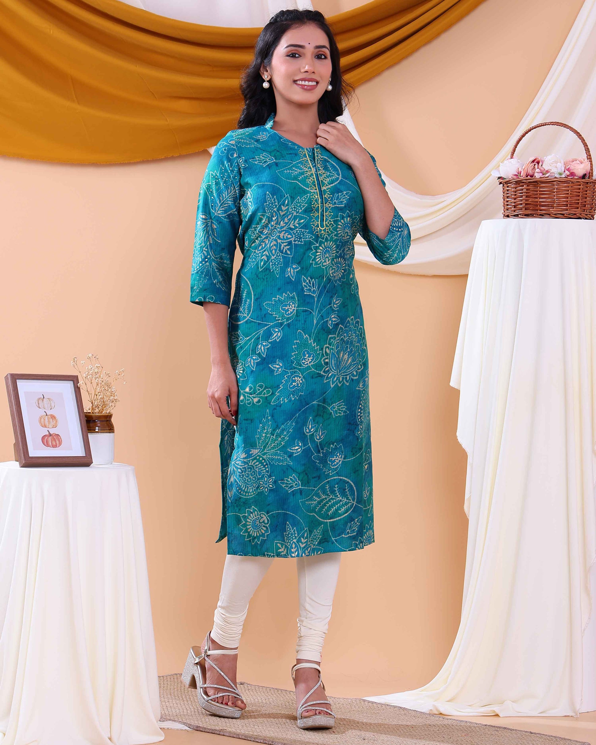 Women's Floral Printed Straight Kurta with 3/4th  Sleeves - Blue