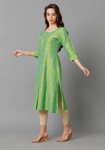 Stylish Women's Green Princess Cut Kurti With Buttoned Down Stripes
