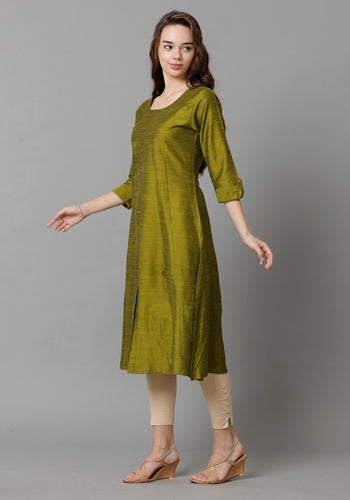 Stylish Women's Olive Green Princess Cut Kurti With Buttoned Down Stripes