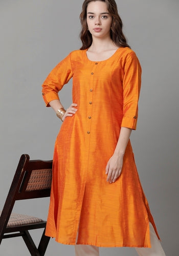 Stylish Women's Orange Princess Cut Kurti With Buttoned Down Stripes