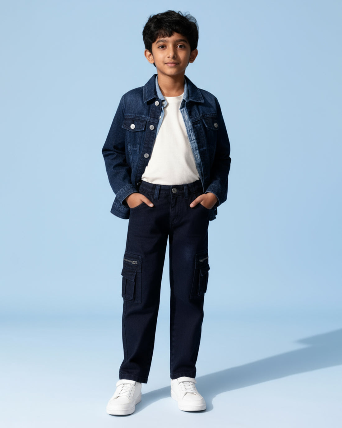 Stylish Boys Denim Cargo Jeans with Front Pockets and Zip Detailing - Dark Blue