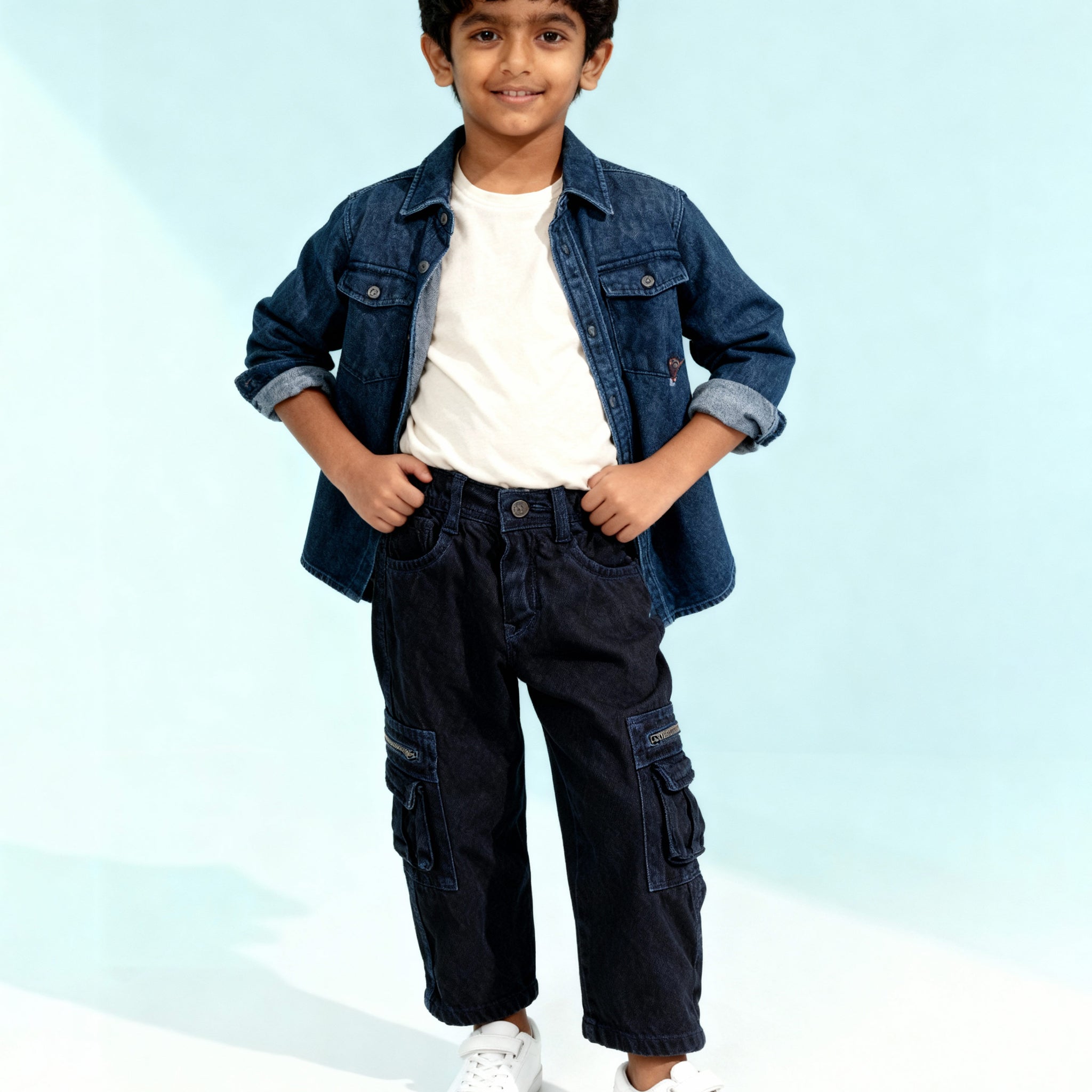 Stylish Boys Denim Cargo Jeans with Front Pockets and Zip Detailing - Blue