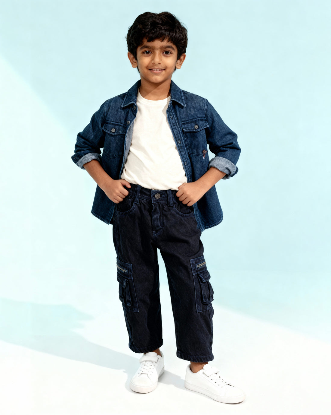 Stylish Boys Denim Cargo Jeans with Front Pockets and Zip Detailing - Blue
