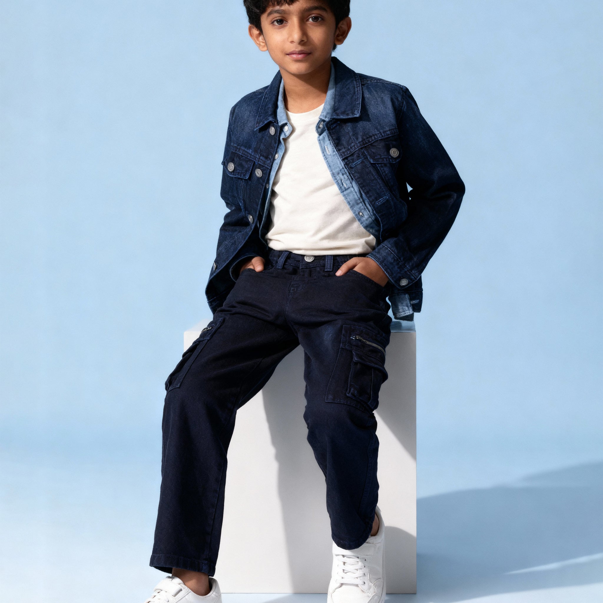 Stylish Boys Denim Cargo Jeans with Front Pockets and Zip Detailing - Dark Blue