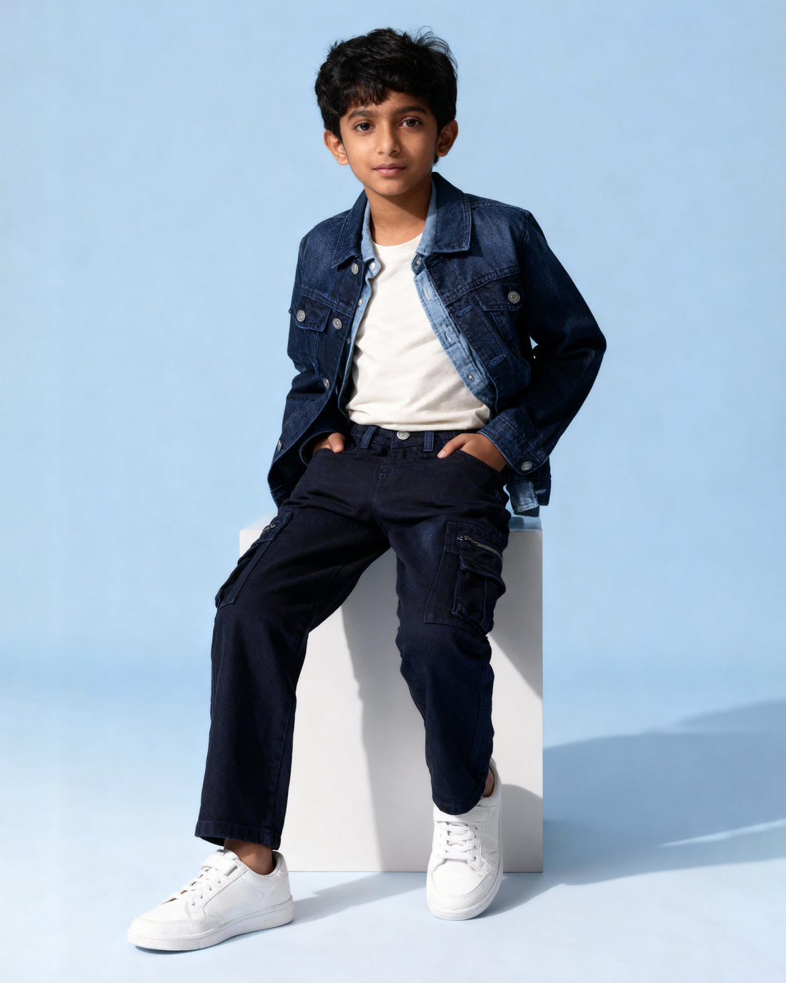 Stylish Boys Denim Cargo Jeans with Front Pockets and Zip Detailing - Dark Blue