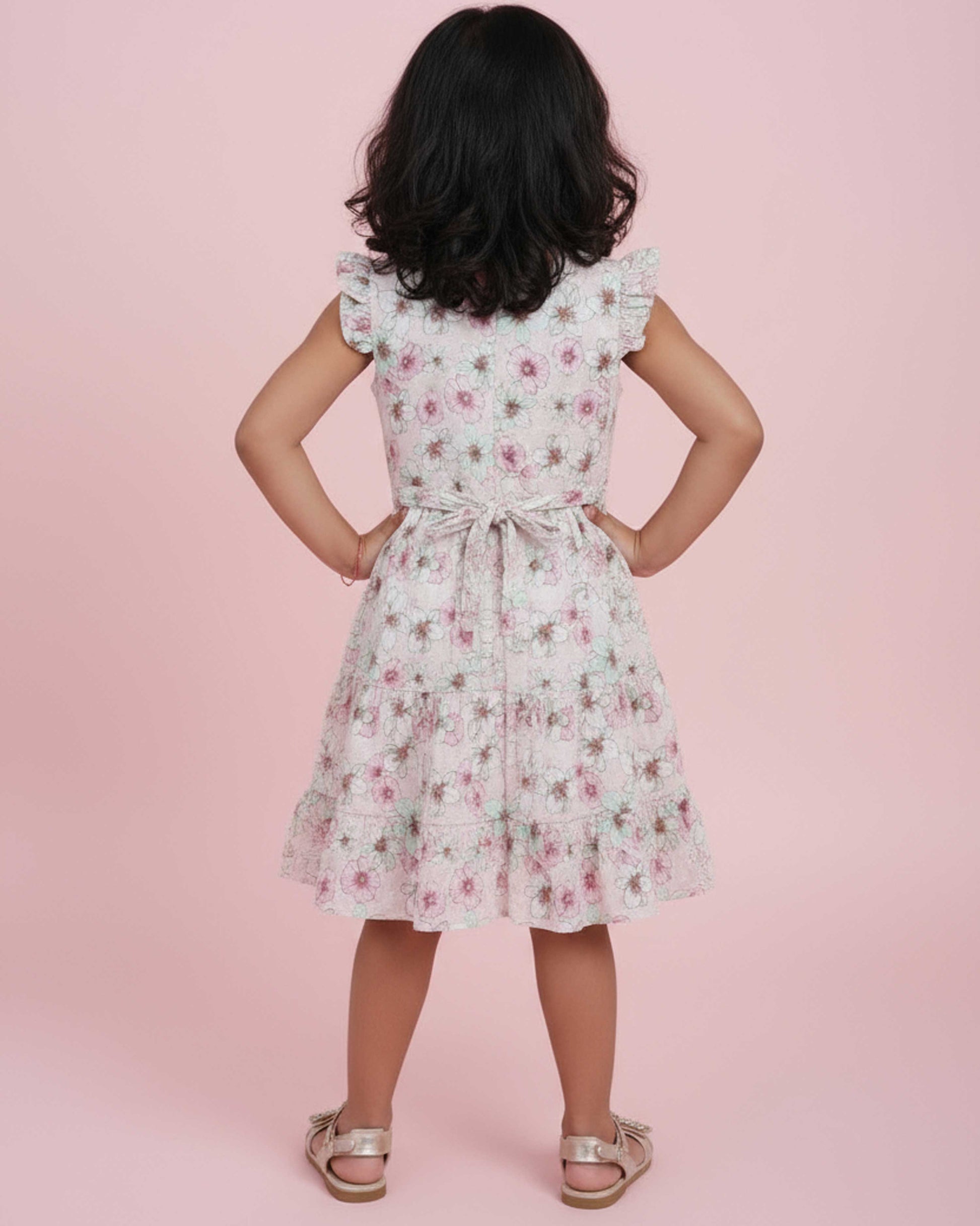 Stylish Floral Print Girls' Ruffled Sleeve Tiered Frock Dress - White-Back