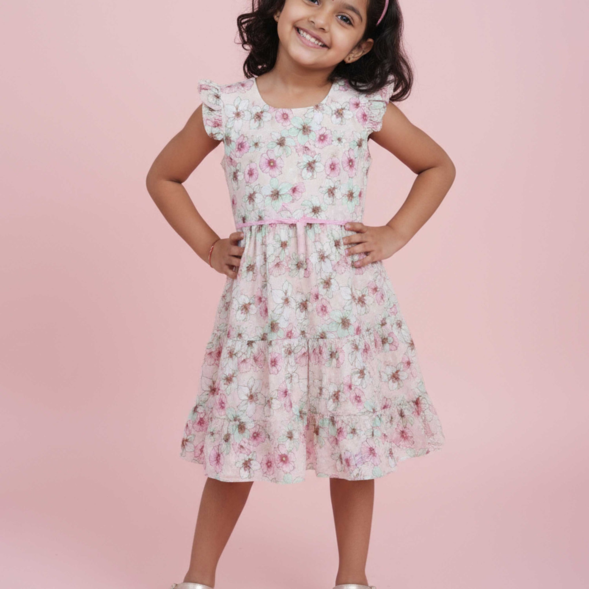 Stylish Floral Print Girls' Ruffled Sleeve Tiered Frock Dress - White