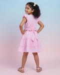 Stylish Floral Print Layered Kids Frock with Ruffled Sleeves and Waist Tie Bow Design - Pink-Close-Back