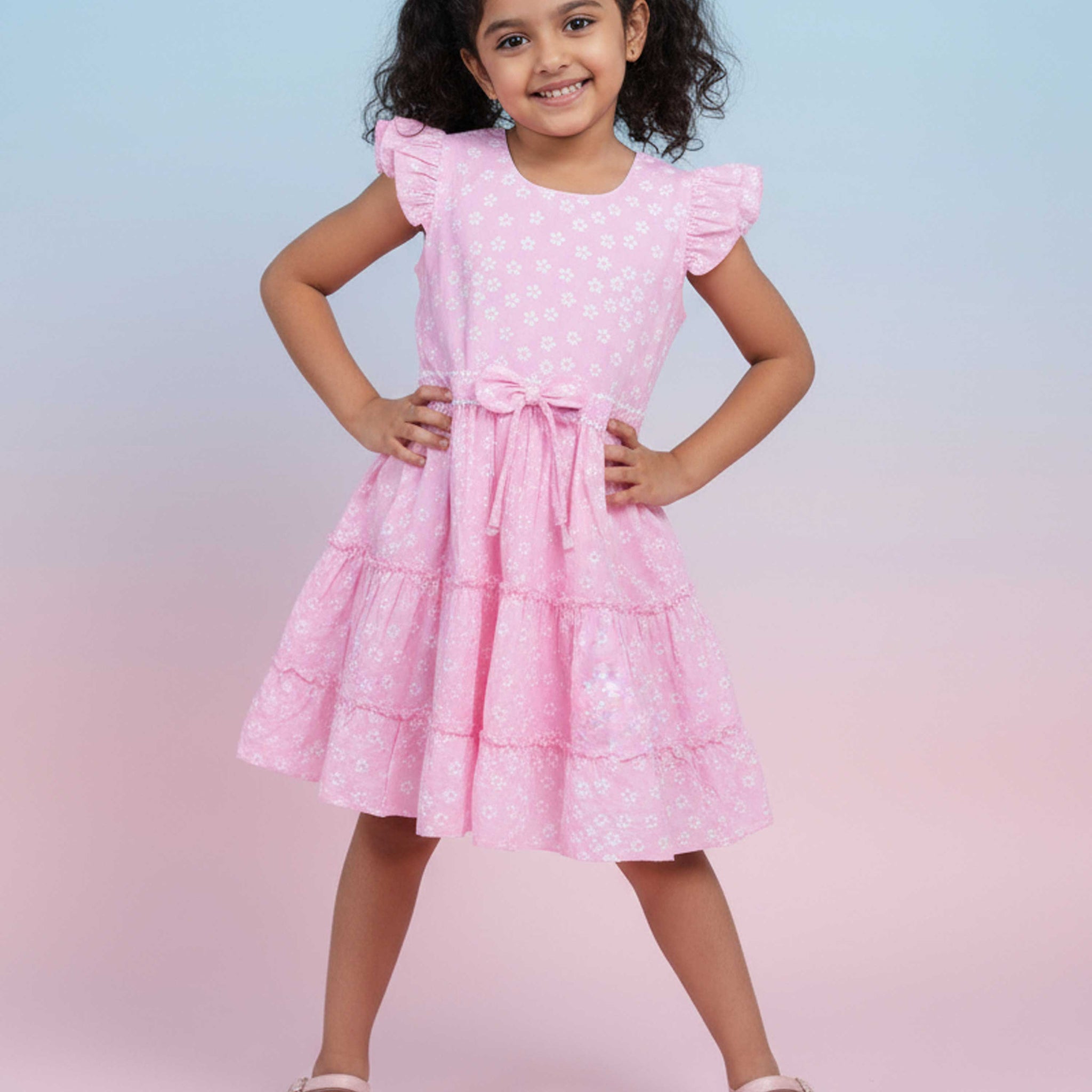 Stylish Floral Print Layered Kids Frock with Ruffled Sleeves and Waist Tie Bow Design - Pink