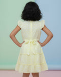 Stylish Floral Print Layered Kids Frock with Ruffled Sleeves and Waist Tie Bow Design - Yellow-Back
