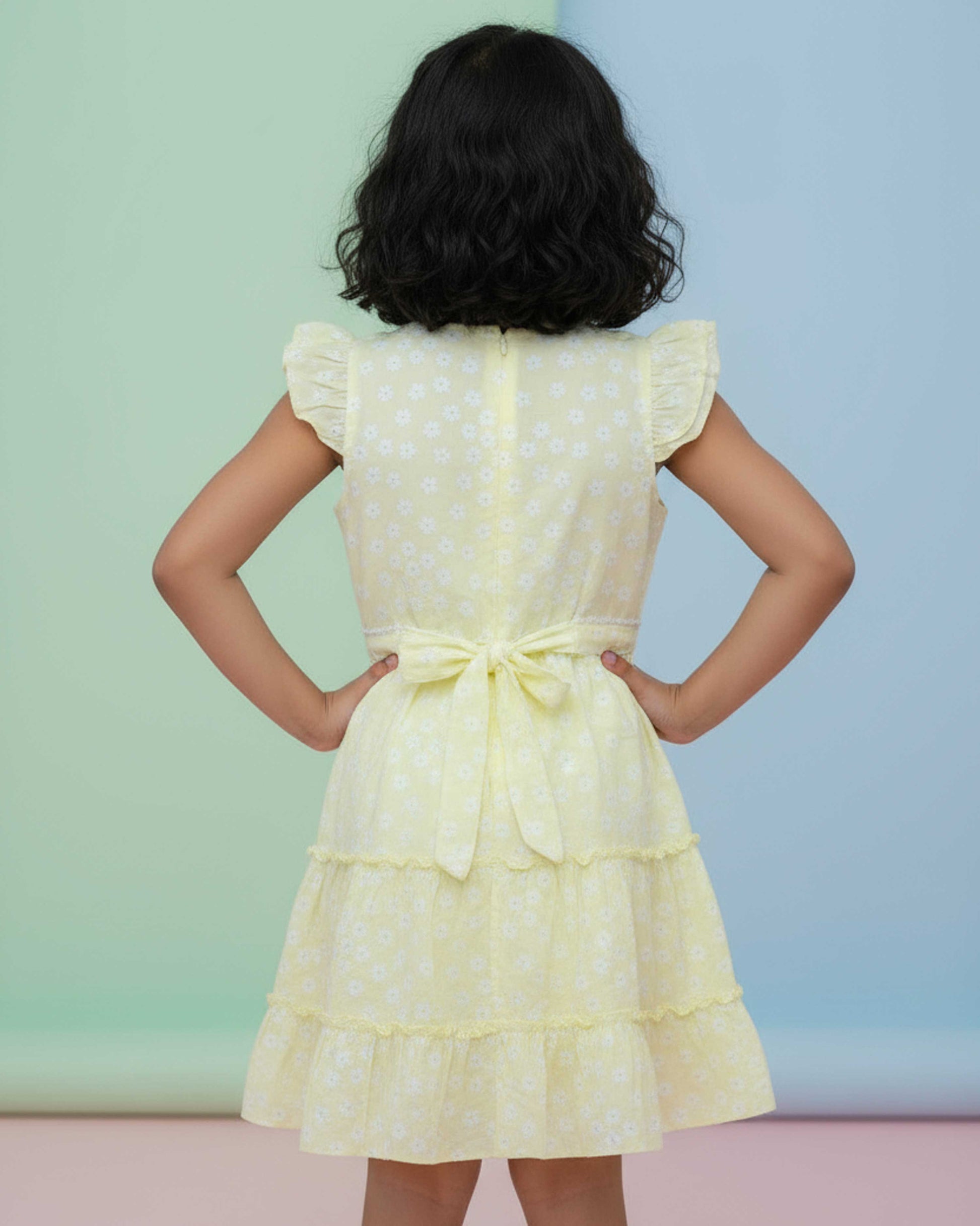 Stylish Floral Print Layered Kids Frock with Ruffled Sleeves and Waist Tie Bow Design - Yellow-Back