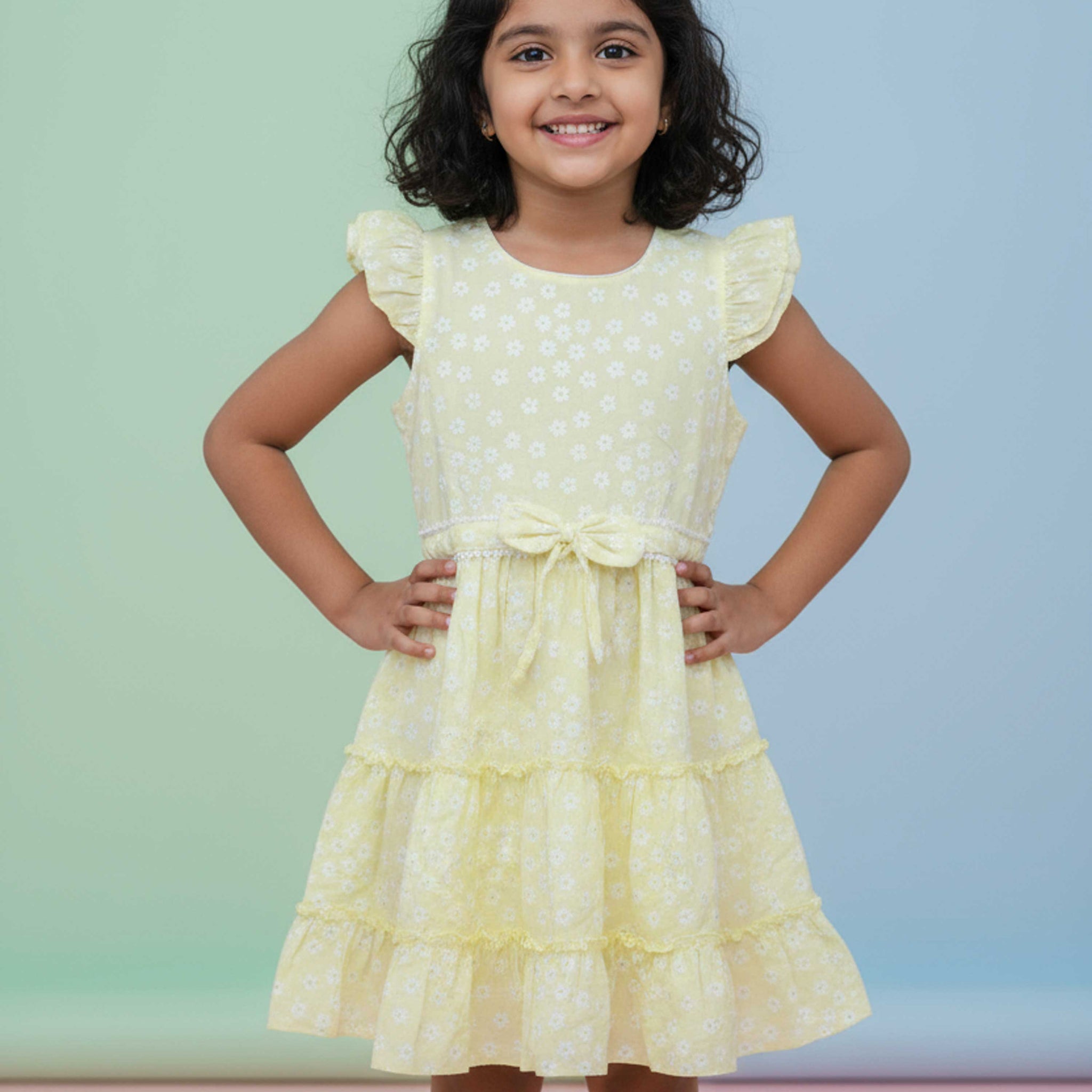 Stylish Floral Print Layered Kids Frock with Ruffled Sleeves and Waist Tie Bow Design - Yellow