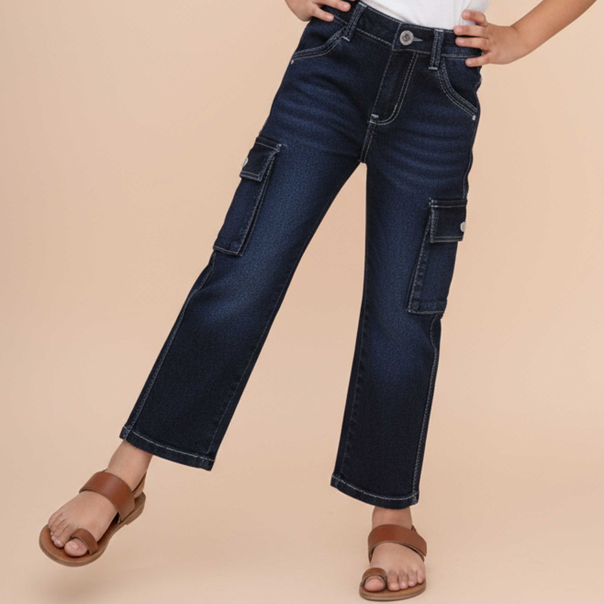 Stylish Girls Cargo Denim Jeans with Side Pockets and Comfortable Relaxed Fit - Black