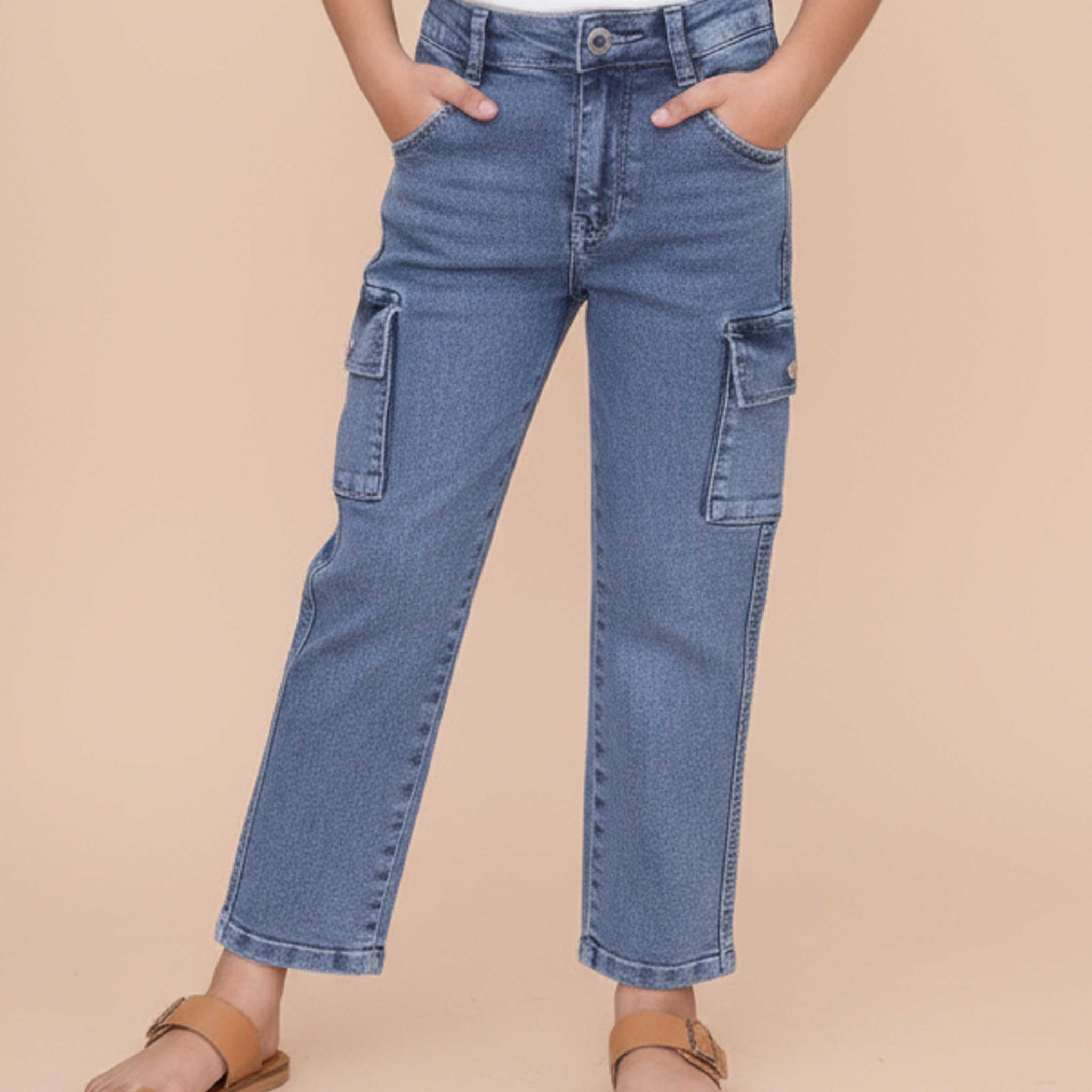 Stylish Girls Cargo Denim Jeans with Side Pockets and Comfortable Relaxed Fit  - Grey