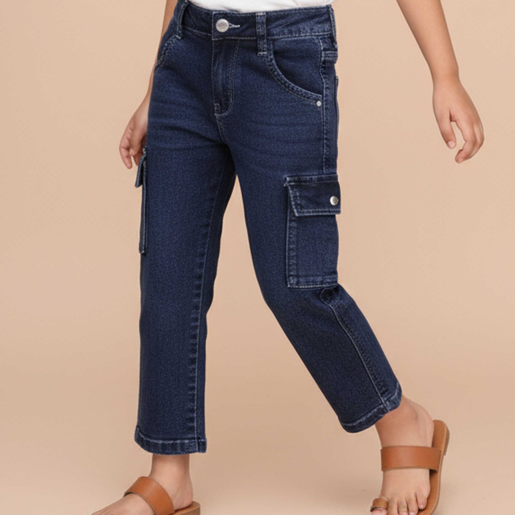 Stylish Girls Cargo Denim Jeans with Side Pockets and Comfortable Relaxed Fit - Blue