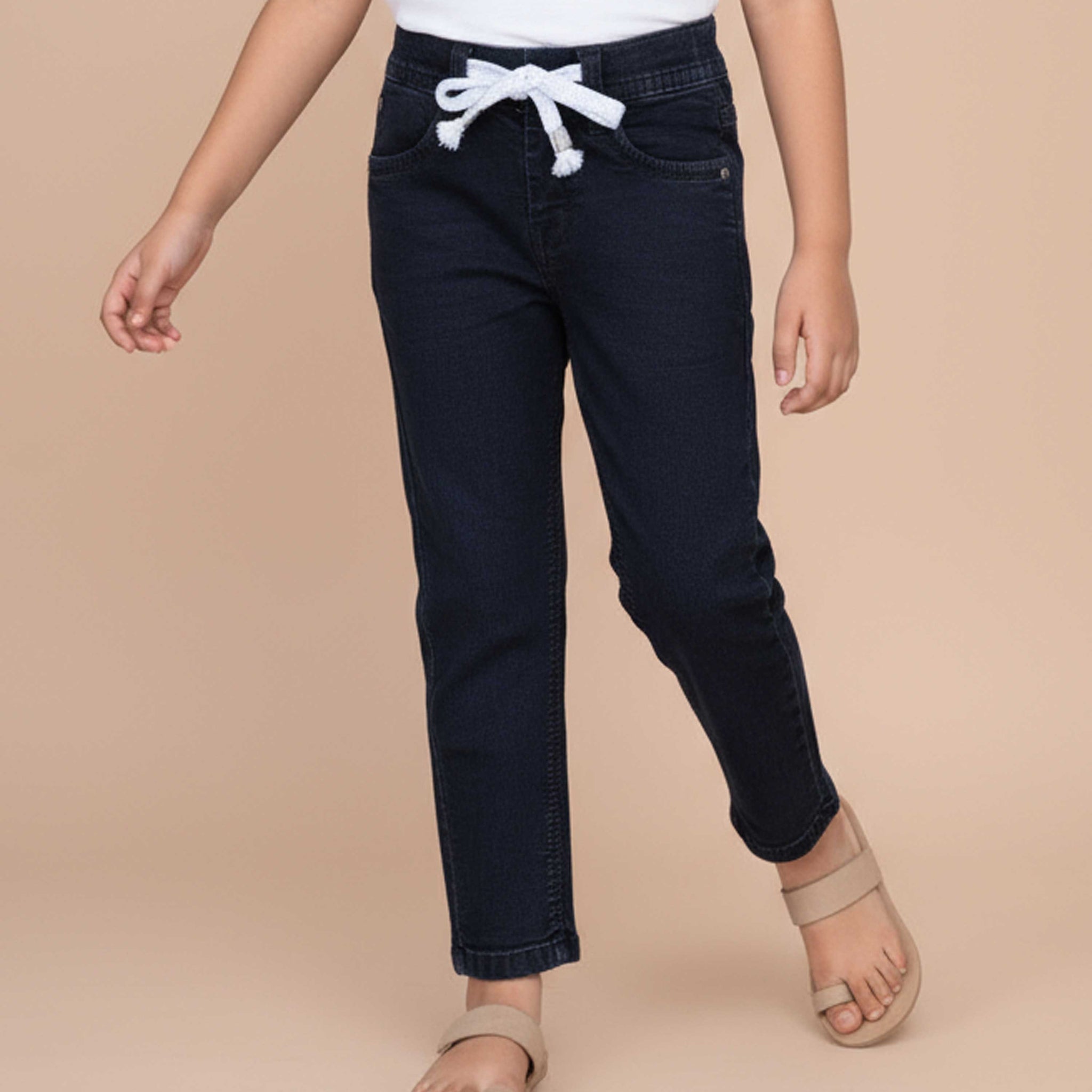 Stylish Girls Denim Jeans with Comfortable Fit and Trendy Belt Design  - Black