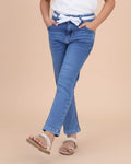 Stylish Girls Denim Jeans with Comfortable Fit and Trendy Belt Design - Blue