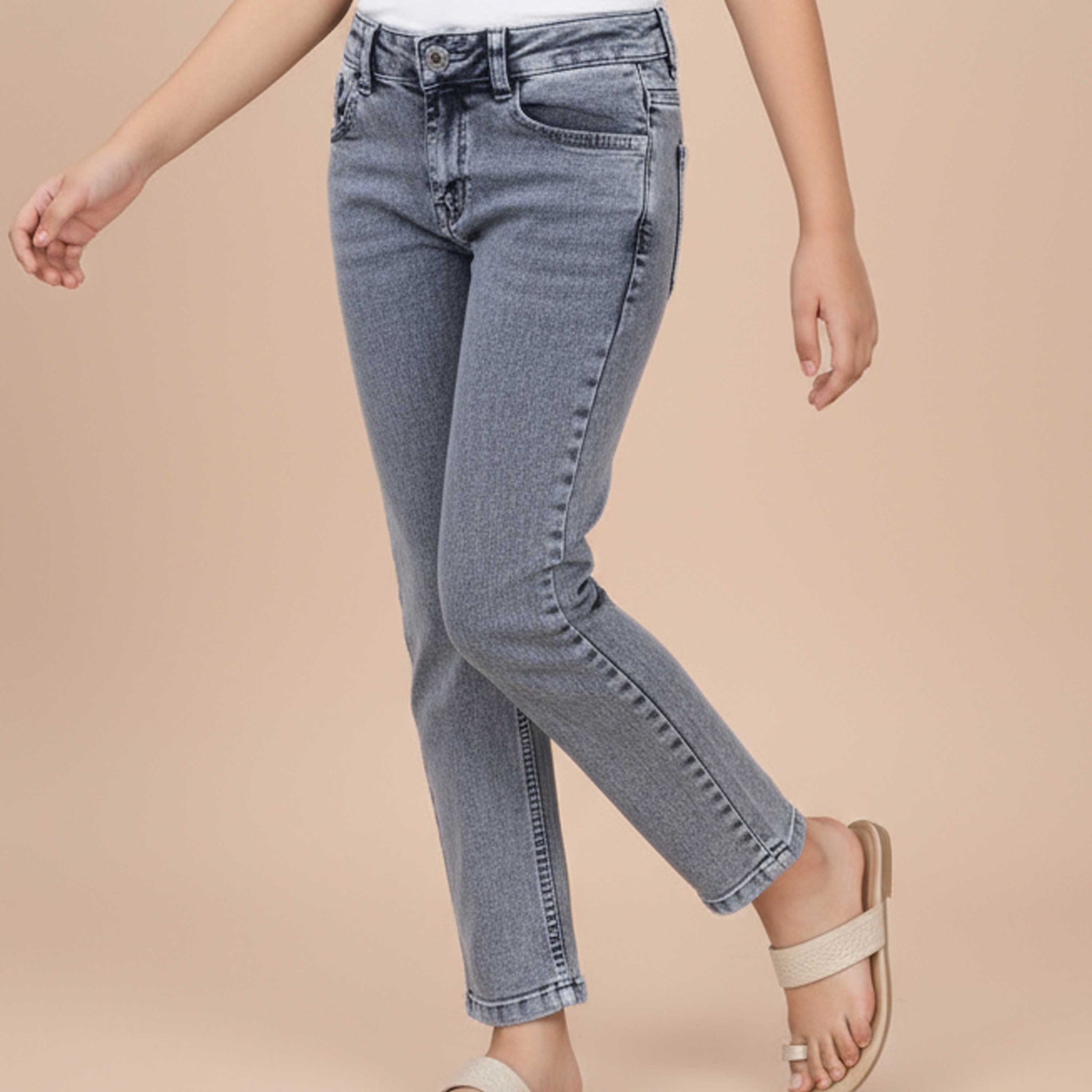 Stylish Girls Denim Solid Jeans - Grey