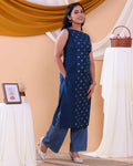 Stylish Printed Women’s Sleeveless Straight Kurta with Round Neck - Navy Blue-Close
