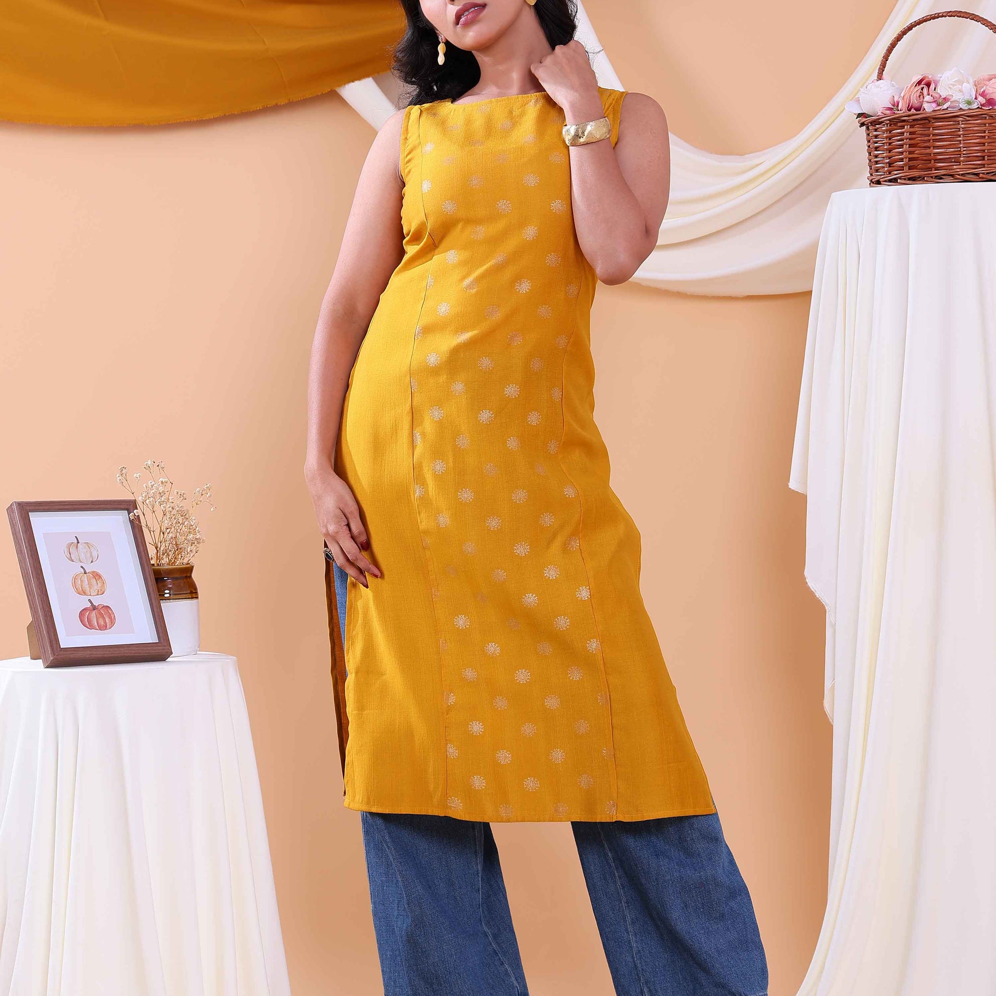 Stylish Printed Women’s Sleeveless Straight Kurta with Round Neck - Yellow