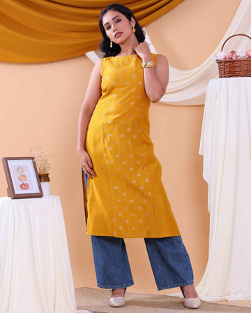 Stylish Printed Women’s Sleeveless Straight Kurta with Round Neck - Yellow