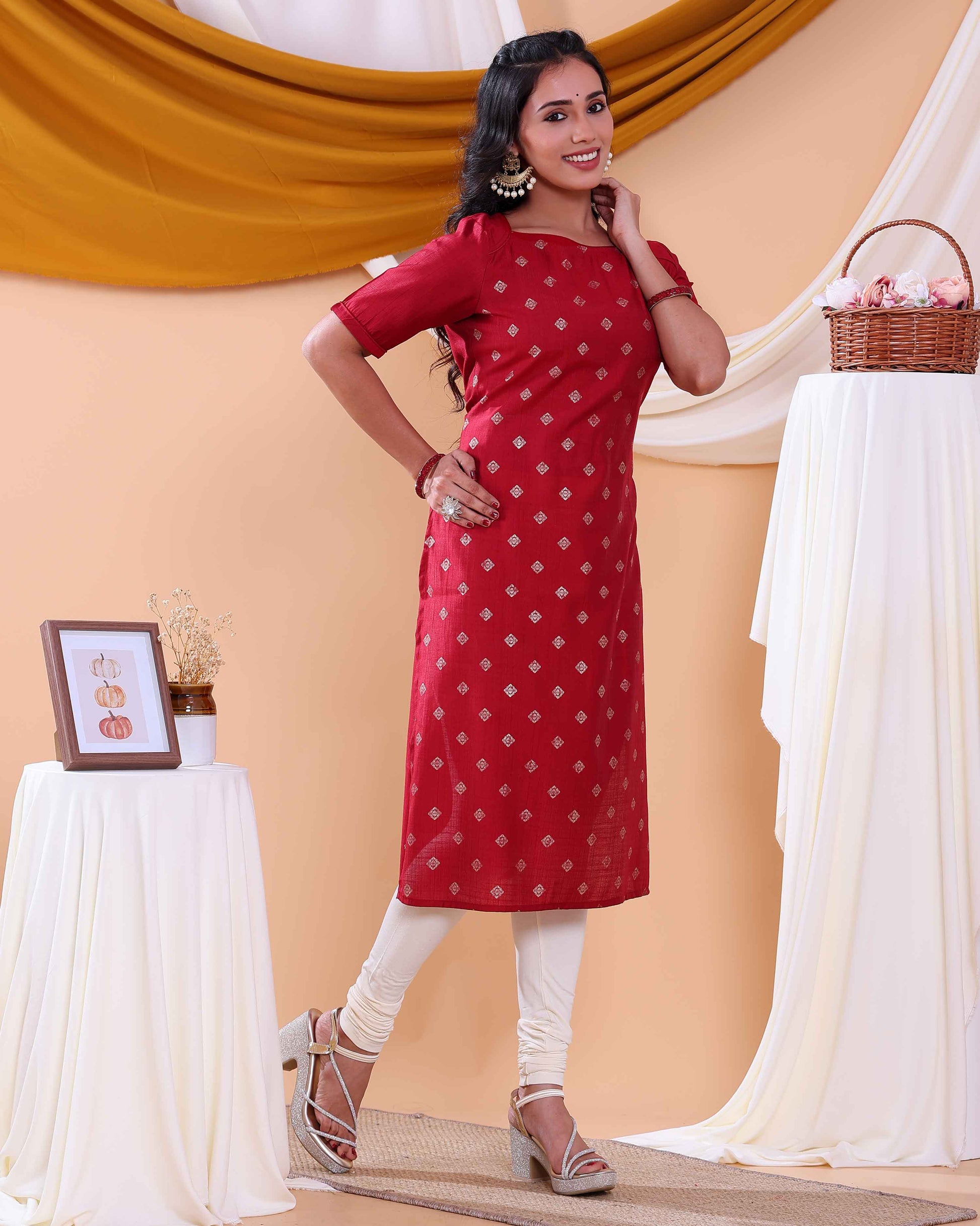 Stylish Printed Women’s Straight Kurta with Round Neck and Elbow Sleeves - Red-BACK