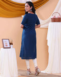 Stylish Printed Women’s Straight Kurta with Round Neck and Elbow Sleeves - Blue-Back
